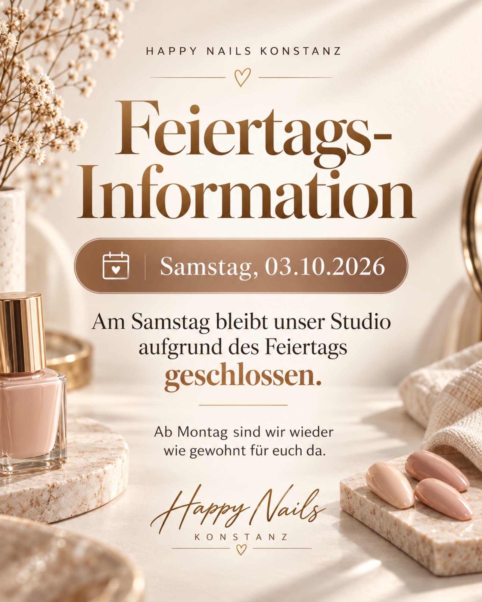 Happy Nails Konstanz – Hinweis zur Schließung am Feiertag