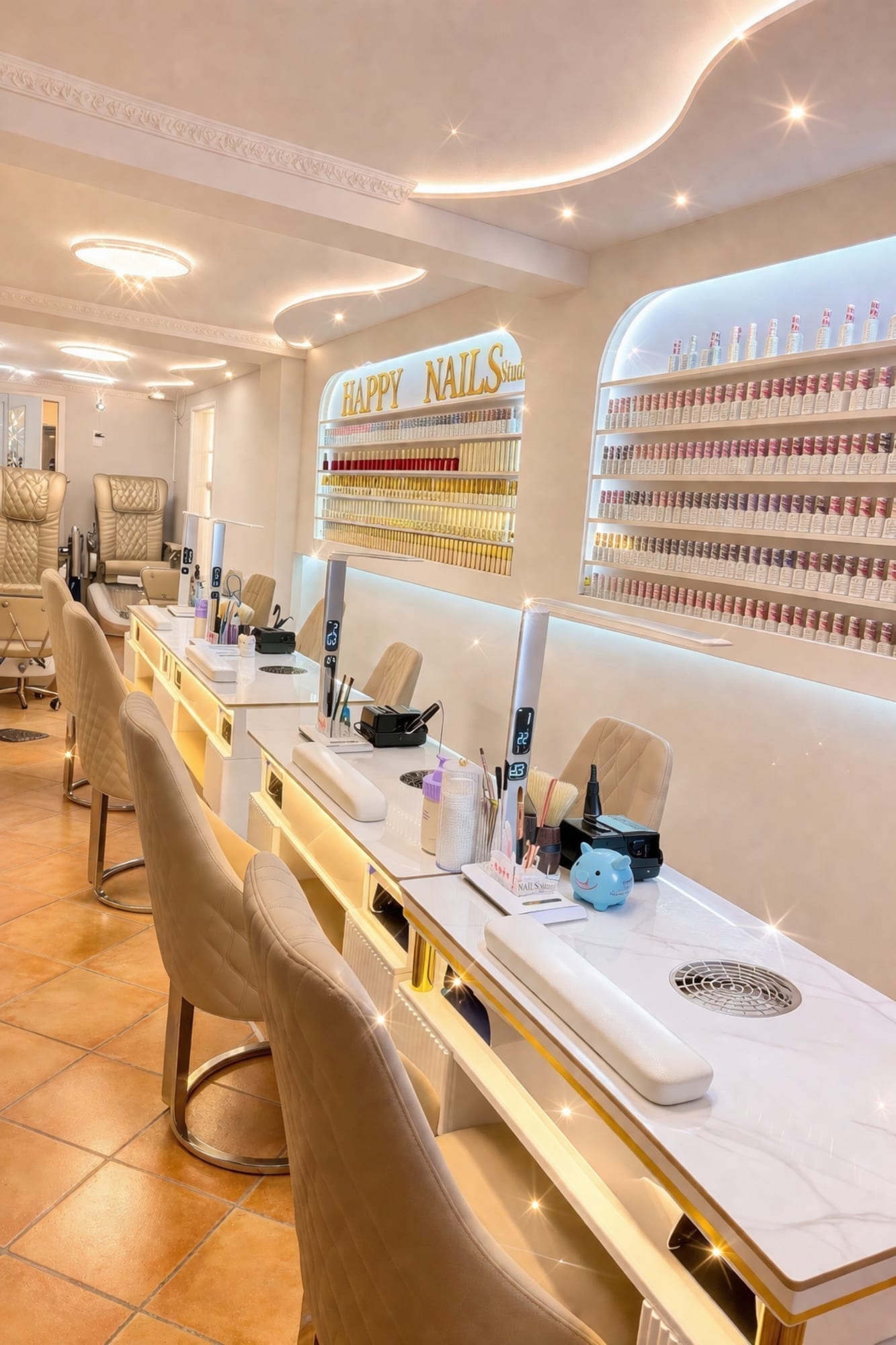 Modernes Nagelstudio Happy Nails Konstanz – helle Workstations und Nagellackregale